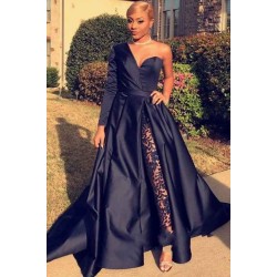 Chic Asymmetric One Shoulder Satin Floor Length Party Dress With Lace Trousers