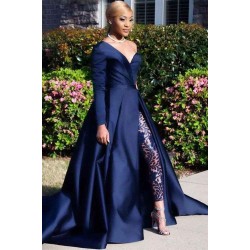 Chic Asymmetric One Shoulder Satin Floor Length Party Dress With Lace Trousers