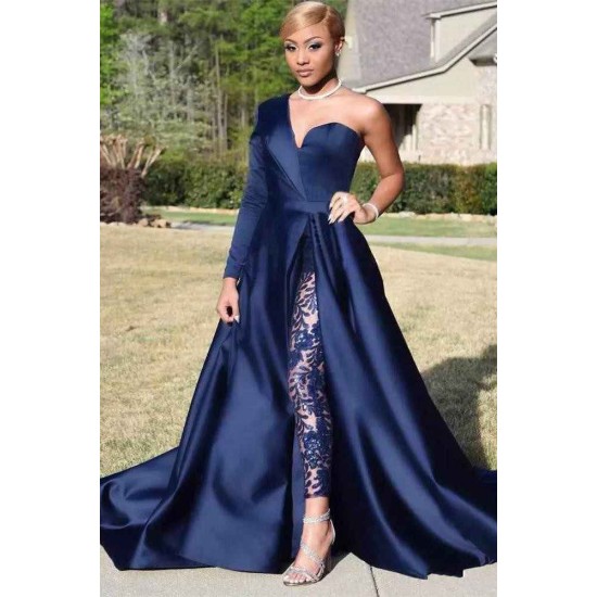 Chic Asymmetric One Shoulder Satin Floor Length Party Dress With Lace Trousers