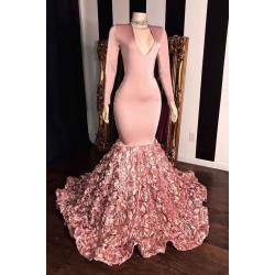 Elegant Pink Long Sleevess Flowers Mermaid Prom Gowns V-Neck Evening Dress