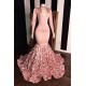 Elegant Pink Long Sleevess Flowers Mermaid Prom Gowns V-Neck Evening Dress