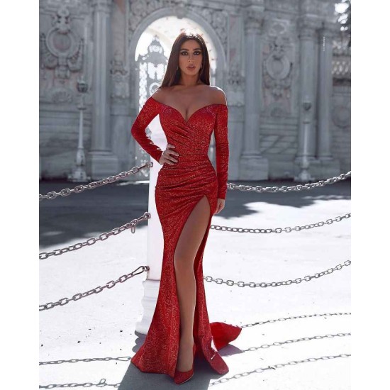 Burgundy Mermaid Evening Gown with Sleeves Splitfront Chic Party Dress