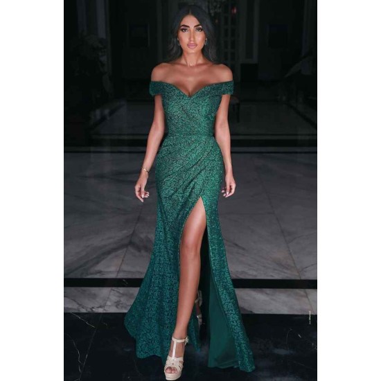 Charming Off Shoulder Prom Gown Front Split Evening Maxi Dress