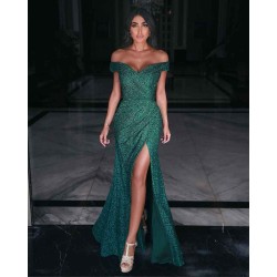 Charming Off Shoulder Prom Gown Front Split Evening Maxi Dress