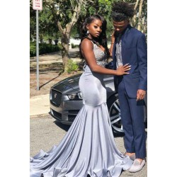 Stretch Satin V-Neck Evening Maxi Dress Sleeveless Mermaid Prom Party Gowns