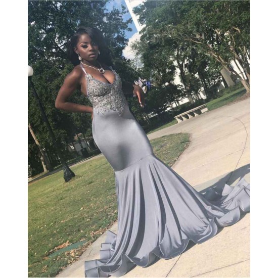 Stretch Satin V-Neck Evening Maxi Dress Sleeveless Mermaid Prom Party Gowns
