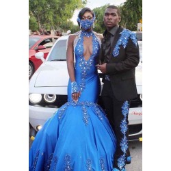 Satin Halter V-Neck Mermaid Evening Gowns Sleeveless Crystals Prom Dress Sweep Train