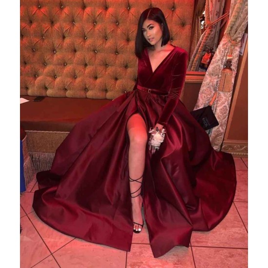 Satin V-Neck A-line Evening Maxi Dress Long Sleeves Front Split Prom Party Gowns