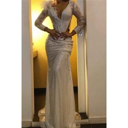 Sequined Mermaid V-neck Evening Dresses Chic Sparkling Fur Formal Gowns