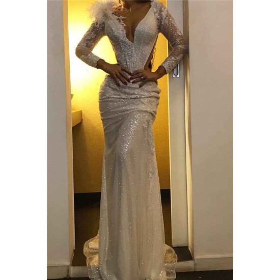 Sequined Mermaid V-neck Evening Dresses Chic Sparkling Fur Formal Gowns
