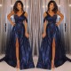 New Arrival Navy Blue One-Shoulder Sequins Prom Dresses Chic A-Line Side-Slit Evening Gowns