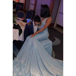 Sleeveless V-neck Appliques Court Train Mermaid Long Prom Dresses
