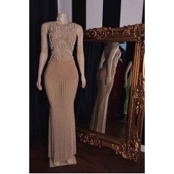 Luxurious Sleeveless Pearls Beading Long Mermaid Evening Dresses