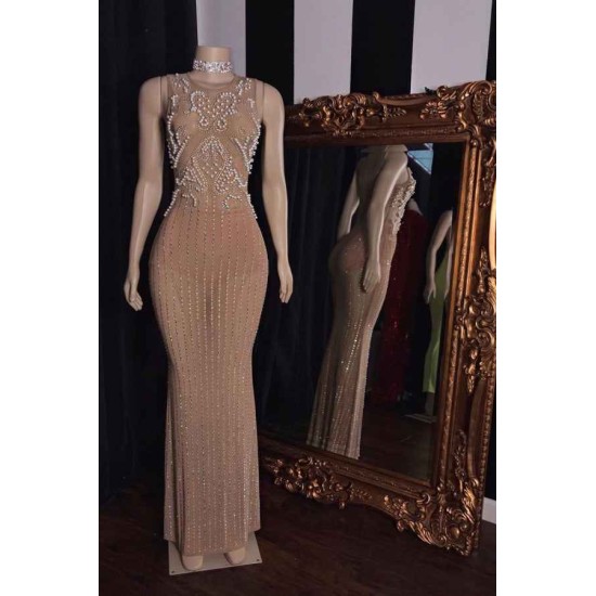 Luxurious Sleeveless Pearls Beading Long Mermaid Evening Dresses