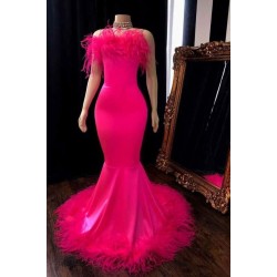 Popular Feather Sleeveless Long Mermaid Evening Dresses