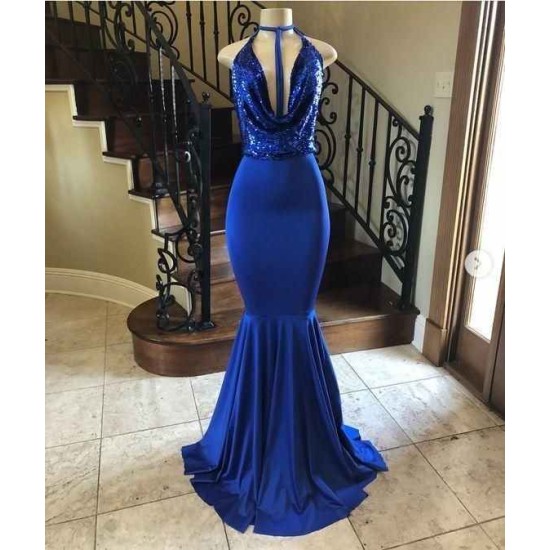 Elegant Sequins Halter Floor Length Mermaid Evening Dresses