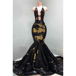 Chic Hollow Neckline Gold and Black Long Train Mermaid Evening Dresses