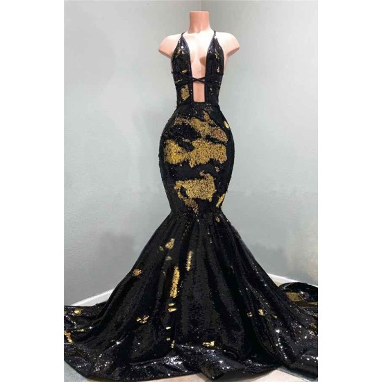 Chic Hollow Neckline Gold and Black Long Train Mermaid Evening Dresses