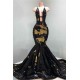 Chic Hollow Neckline Gold and Black Long Train Mermaid Evening Dresses