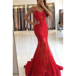 Spaghetti Straps Red Lace Evening Dresses Mermaid Chic Prom Dresses