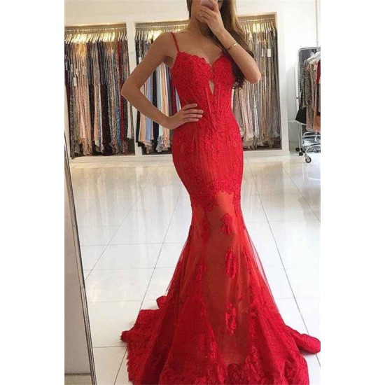 Spaghetti Straps Red Lace Evening Dresses Mermaid Chic Prom Dresses