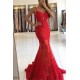 Spaghetti Straps Red Lace Evening Dresses Mermaid Chic Prom Dresses