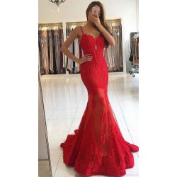Spaghetti Straps Red Lace Evening Dresses Mermaid Chic Prom Dresses