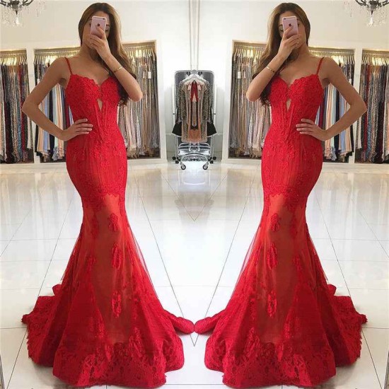 Spaghetti Straps Red Lace Evening Dresses Mermaid Chic Prom Dresses