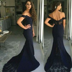 Classic Mermaid Open Back Off-the-Shoulder Mermaid Lace Formal Evening Dress