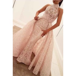 Illusion Puffy Overskirt Column High Neck Sleeveless Lace Gorgeous Evening Dress