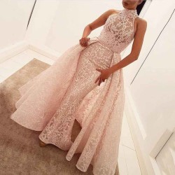 Illusion Puffy Overskirt Column High Neck Sleeveless Lace Gorgeous Evening Dress