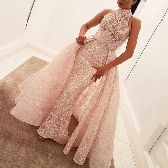 Illusion Puffy Overskirt Column High Neck Sleeveless Lace Gorgeous Evening Dress