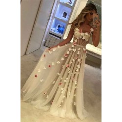 Spaghetti Straps Open Back Flowers Chic Evening Gown Corset Illusion Tulle Prom Party Gowns
