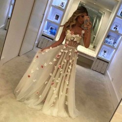 Spaghetti Straps Open Back Flowers Chic Evening Gown Corset Illusion Tulle Prom Party Gowns