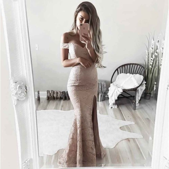 Sheath Off-the-Shoulder Lace Formal Evening Dress Chic Side Slit Evening Gowns