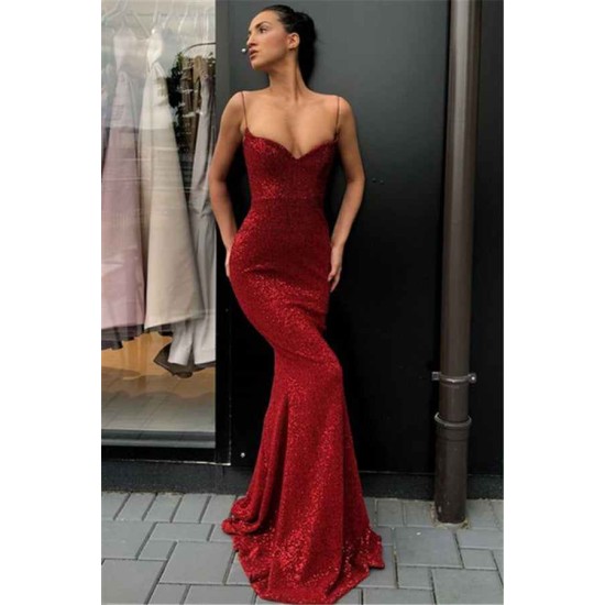 Chic Spaghetti Straps Sequins Long Evening Dresses Sheath Formal Dresses