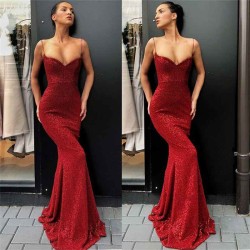 Chic Spaghetti Straps Sequins Long Evening Dresses Sheath Formal Dresses