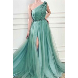 A-Line Elegant Appliques One-Shoulder Side-Slit Sleeveless Tulle Prom Dresses