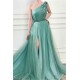 A-Line Elegant Appliques One-Shoulder Side-Slit Sleeveless Tulle Prom Dresses