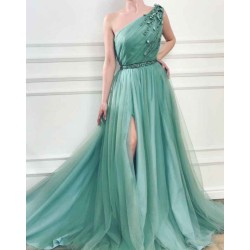 A-Line Elegant Appliques One-Shoulder Side-Slit Sleeveless Tulle Prom Dresses