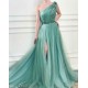 A-Line Elegant Appliques One-Shoulder Side-Slit Sleeveless Tulle Prom Dresses