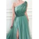 A-Line Elegant Appliques One-Shoulder Side-Slit Sleeveless Tulle Prom Dresses