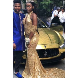 Simple Gold Shining Sequins Halter Mermaid Keyhole Sleeveless Chic Evening Dresses