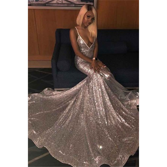Alluring Spaghetti straps Glittering Sequins Sleeveless Mermaid Open Back Evening Dresses
