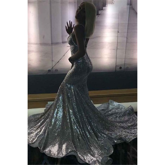 Alluring Spaghetti straps Glittering Sequins Sleeveless Mermaid Open Back Evening Dresses