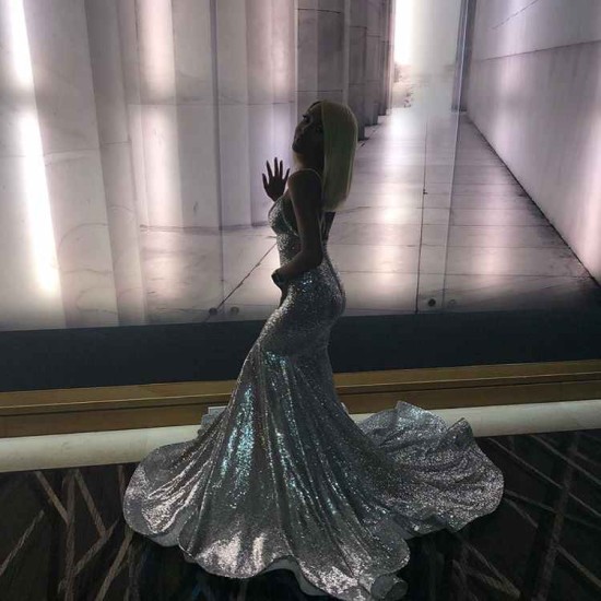 Alluring Spaghetti straps Glittering Sequins Sleeveless Mermaid Open Back Evening Dresses