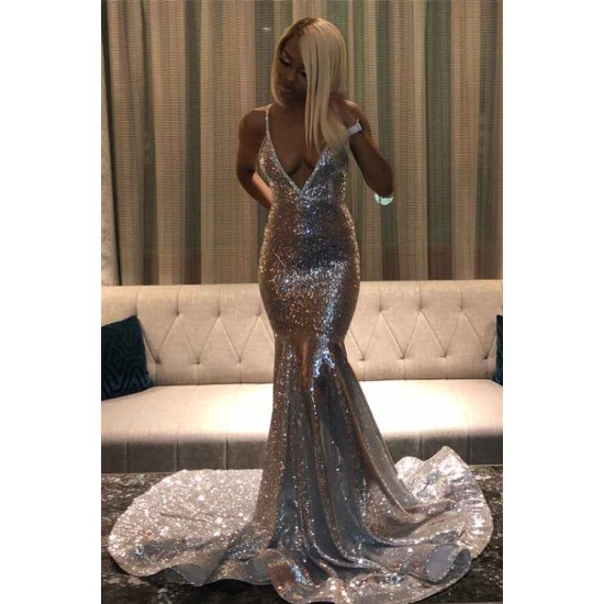 Alluring Spaghetti straps Glittering Sequins Sleeveless Mermaid Open Back Evening Dresses