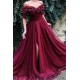 Burgundy A-line Off-the-Shoulder Tulle Flower Applique Prom Dresses
