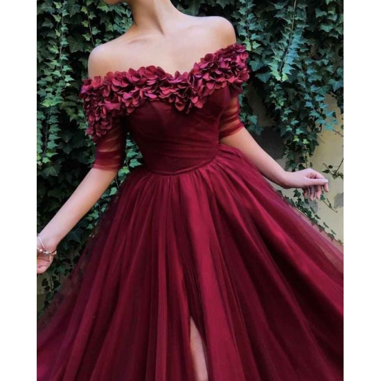 Burgundy A-line Off-the-Shoulder Tulle Flower Applique Prom Dresses