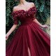 Burgundy A-line Off-the-Shoulder Tulle Flower Applique Prom Dresses